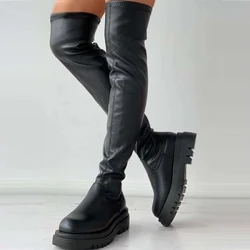 Gaya Punk Wanita Boots Ukuran Besar 35-43 Seksi Di Atas Lutut Sepatu Musim Dingin Wanita Platform Tumit Tengah Sepatu Bot Paha Tinggi Hitam