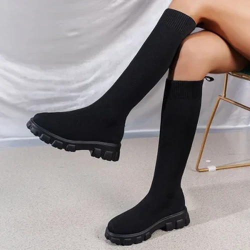 2023 Qishki Kuz Platformasi Tizza ustidagi Botinkalar Ayollar Stretch Trikotaj Paypoqlar Uzun Botinkalar Ayollar Slim Fit Baland To'piqlar Botas