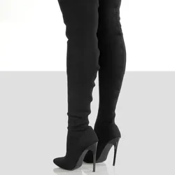 Calcetines por encima de la rodilla para mujer, botas de tejido elástico, zapatos sin cordones de tacón alto, punta estrecha, Botas Largas, talla 36-43, 2022