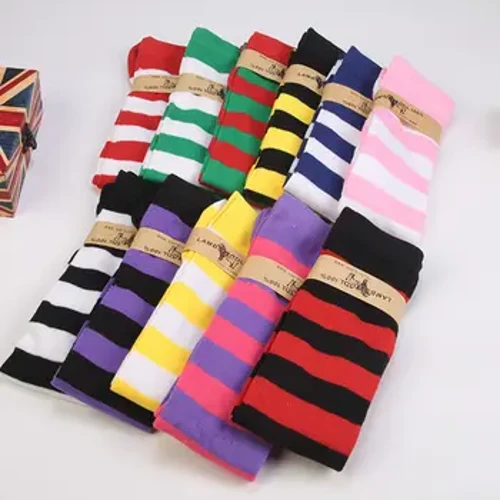 Calcetines por encima de la rodilla con estampado de rayas largas para mujer y niña, calcetines estampados a rayas hasta el muslo, 11 colores, lote al por mayor, 1 par