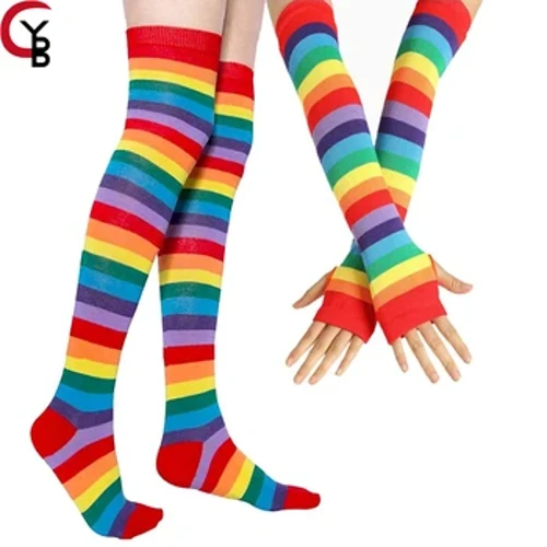 Conjunto de calcetines y guantes hasta el muslo con diseño de arco iris sobre la rodilla, accesorios de cosplay, calentadores de piernas y brazos para niñas