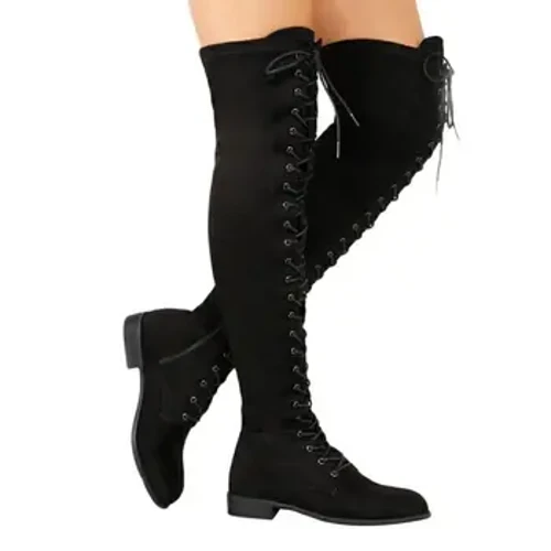 Cross-tied Over the Knee Boots kanggo Wanita Musim Gugur Musim Dingin Sepatu Tumit Rendah Sepatu Bot Panjang Seksi Suede Paha Sepatu Bot Anyar Botas Mujer