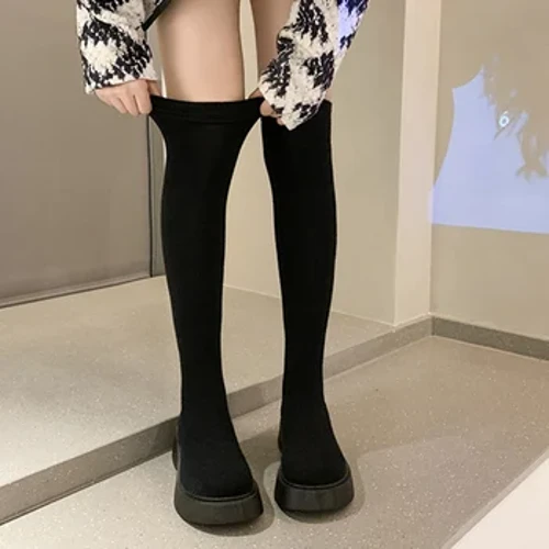 Botas por encima de la rodilla con plataforma para mujer, calcetines de punto elásticos, botas largas, zapatos de fondo grueso sin cordones, otoño e invierno, 2023