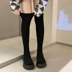 Bottes à plateforme au-dessus du genou pour femme, chaussettes tricotées extensibles, bottes longues à enfiler, chaussures à fond épais, collection automne-hiver 2023