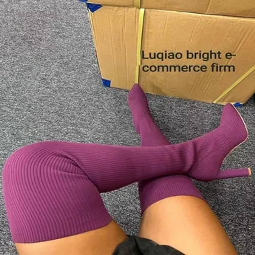Térd feletti női csizma téli comb kötött elasztikus zokni Cipő meleg szexi tűsarkú hegyes hosszú csizma 35-43 botas mujer