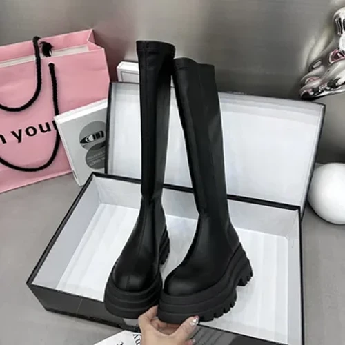 Botas altas de caballero para mujer, zapatos planos con plataforma elegantes, botines largos, calzado corto de felpa, a la moda, con cremalleras traseras, Invierno