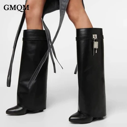 GMQM Thương Hiệu Sang Trọng Mới Cao Đến Đầu Gối Giày Bốt Nữ Khóa Cá Mập Metalic Da Thật Chính Hãng Da Đế Dày Dài Cao Cấp giày Thiết Kế