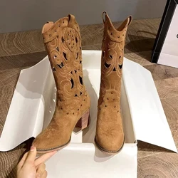 Hutsak brodatutako Vintage Western botak Emakumeen 2023 udazkeneko takoi potoloak belauneko cowboy botak emakumezkoen pu larruzko zaldun botak