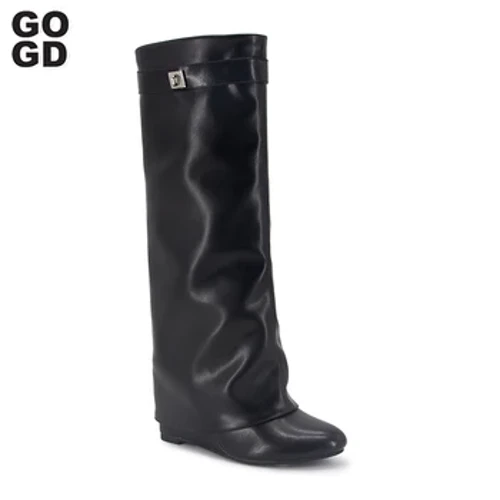GOGD Жінки Shark Lock Fold Boots Чоботи на танкетці Чоботи на високих підборах Новинка 2023 року Черевики до коліна на блискавці Дизайнерські розкішні довгі черевики