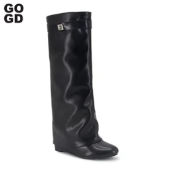 GOGD, botas plegables con cierre de tiburón para mujer, cuñas, botas de tacón alto, novedad de 2023, botas hasta la rodilla con cremallera, botas largas de lujo de diseñador con punta redonda