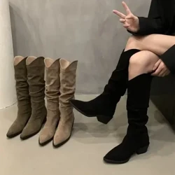 Sepatu Bot Koboi Barat untuk Wanita Sepatu Ujung Runcing Merek Sepatu Kulit Suede Tinggi Tumit Chunky Nyaman Walking Boot Wanita