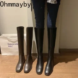 Musim Dingin Kapas Wanita Sepatu Bot Setinggi Lutut Fashion Ritsleting Wanita Elegan Tumit Rendah Sepatu Bot Panjang Musim Dingin Kulit Lembut Alas Kaki Wanita