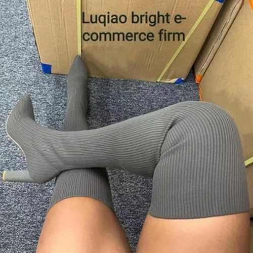 Botas de tacón alto para Mujer, Botas elásticas tejidas a la moda para Otoño e Invierno 2022, Botas largas Retro para Mujer, Botas de calcetín medio para Mujer