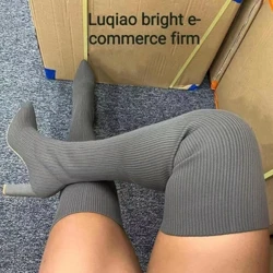 Sepatu Tumit Tinggi Wanita 2022 Musim Gugur Musim Dingin Fashion Merajut Boots Stretch Wanita Retro Sepatu Bot Panjang Mid Sock Boots Botas Mujer