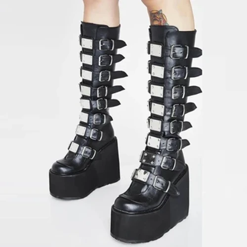 Viatu vya Wanawake vya Cosplay Viatu vya Juu vya Kisigino cha Majira ya Baridi, Kiatu cha Ngozi ya Knight Kiatu cha Gothic Classic Viatu vya Kisigino Nyeusi kwa Goti-Juu