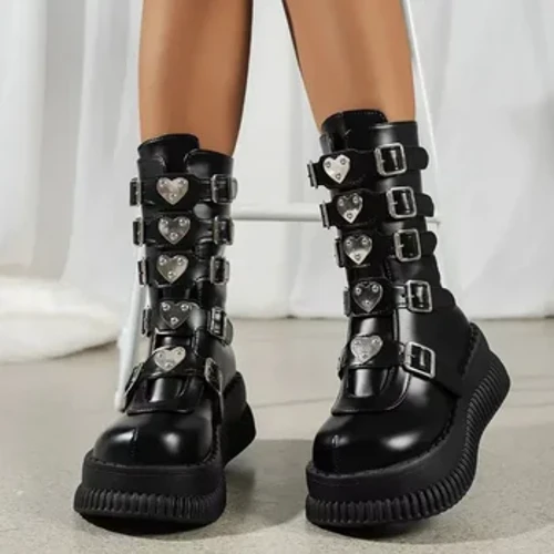 Abesifazane Black Gothic Platform Wedges Motorcycle Boots Female Punk Thick Bottom Combat Boots Ladies Thick High Heels Iphathi Izicathulo