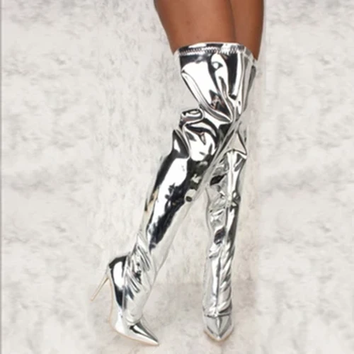 Wanawake Sexy Silver Mirror Viatu vya Juu vya Paja T Onyesha Viatu Virefu vya Klabu Viatu Virefu Vyembamba Juu ya Goti Viatu Virefu vya Wanawake