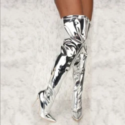 Kvinner Sexy Sølv Speil Lår Høye Boots T Show Pointy Toe Club Party Sko Tynne høye hæler over kneet Lange støvler for kvinner