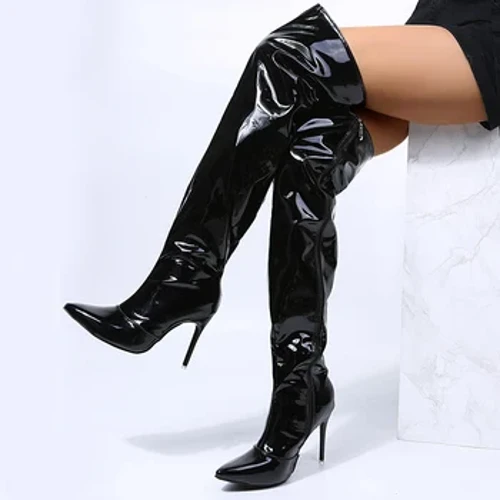 Paha Boots Seksi Ujung Runcing Ritsleting Belakang Sepatu Hak Tinggi Wanita Di Atas Lutut Plus Ukuran Wanita Sepatu Pesta Sepatu Kulit Hitam