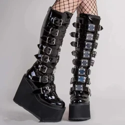 Punk Kadın Botları Bayanlar Cosplay Yüksek Çizmeler Konfor Uzun Tüp Deri Çizmeler Siyah Platform Yüksek Takozlar Kadın Ayakkabı Gotik Tarzı