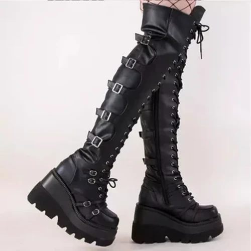 Viatu vya Gothic vya Wanawake wa Punk Viatu vya Paja Viatu vya Juu vya Chunky Viatu vya Mtaa Nyeusi vya Mwanamke Y2K Pikipiki Juu ya Viatu vya Goti