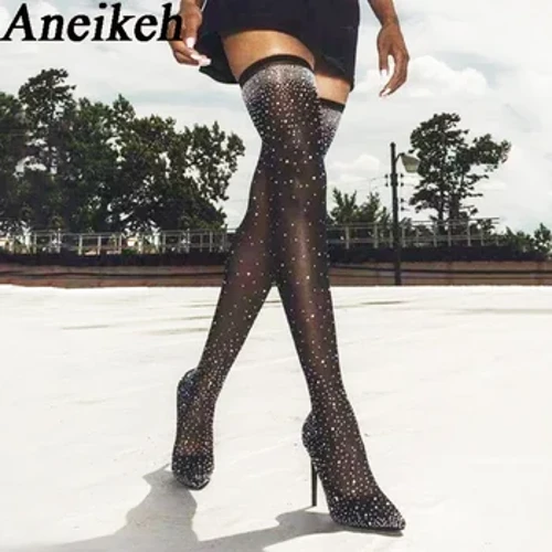 Aneikeh Gợi Cảm Giày Cao Gót Tất Over-the-Đầu Gối Giày Mũi Nhọn Thiết Kế Pha Lê Vải Co Giãn Múa Cột Nữ Giày Nữ