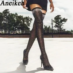 Aneikeh รองเท้าส้นสูงเซ็กซี่ถุงเท้า Over-the-เข่ารองเท้าชี้ Toe คริสตัล Rhinestone ผ้ายืด POLE เต้นรำผู้หญิงรองเท้า