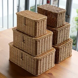 Husholdningsopbevaringskurv imiteret rattanvævet opbevaringsboks med låg Støvtæt Tøj Diverse Container Desktop Organizer
