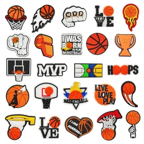 I-24Pcs Basketball Theme Imihlobiso yezintelezi zezicathulo ze-Crocs Bubble Slides izimbadada, Izesekeli zezicathulo ze-PVC zesipho sosuku lokuzalwa