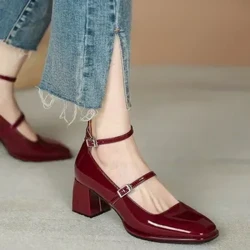 Mary Jane Chaussures Femme Spring Automne Cuir peint Bright Surface Medium HEET THEEL RETRO Square tête