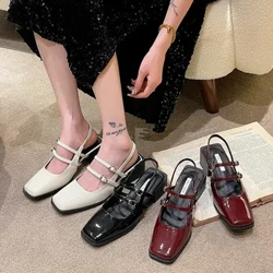 I-Spring Faux Patent Yango-2024 Qedela Izicathulo Eziphakeme Zesithende Ngezintambo Amaphampu Emfashini ye-Slingback Yabesifazane UMary Jane Lovey Square Toe Block