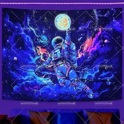 Golau Du Esthetig Gofodwr Tapestri'r Gofod Galaxy Universe Tapestries Glow In The Dark Tapestry Du Golau Du Addurn Wal UV