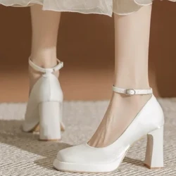 Heels ki'eki'e no ka wahine chunky heels Mary Jane satin square head bridal kamaa kamaa male kamaa hookahi