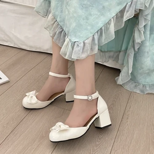 Primăvară Toamnă Pantofi Mary Jane albi de damă, la modă, cu vârf rotund, pantofi cu toc mijlociu, pantofi eleganti, în aer liber, cu pompe simple
