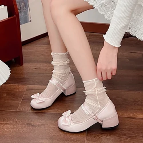 Escarpins de Ballet Mary Jane pour femmes, sandales à talons épais, peu profondes, bout rond, chaussures confortables avec nœud papillon, nouvelle collection