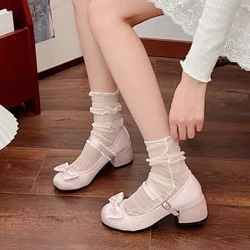 Wanawake Wapya Pampu Ladies Ballet Mary Jane Riband Chunky Kisigino Viatu Vifupi vya Kike Lolita Mviringo Toe Sweet Bow-fundo Viatu Cosy