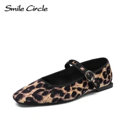 Smile Circle Velvet Mary Jane Ballet Flats Damesko Leopardprint Komfortable bløde runde flade sko til kvinder