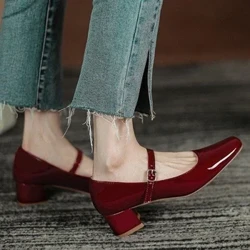Nei Damen Rout Schwaarz Mary Janes Schong Héich Qualitéit Lieder Niddereg Heel Kleed Schong Quadrat Zeh Shallow Buckle Strap Damen Schong