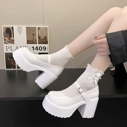 Faisean Caidéil Ardán Bán do Mhná Sála Ard Super Bróga Strap Bróga Mary Jane Bróga Páirtí Goth Tiubh Heeled mBan