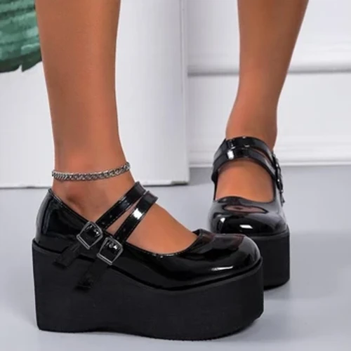 Menyw Newydd Sbon Lolita Ciwt Mary Janes Pympiau Llwyfan Lletemau Sodlau Uchel Pympiau merched Esgidiau Pync Gothig Melys Menyw