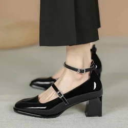 2024 Esgidiau Mary Janes Merched Newydd Esgidiau Lledr o Ansawdd Uchel ar gyfer Merched Toe Sgwâr Strap Bwcl Bas Esgidiau Merched sandalias