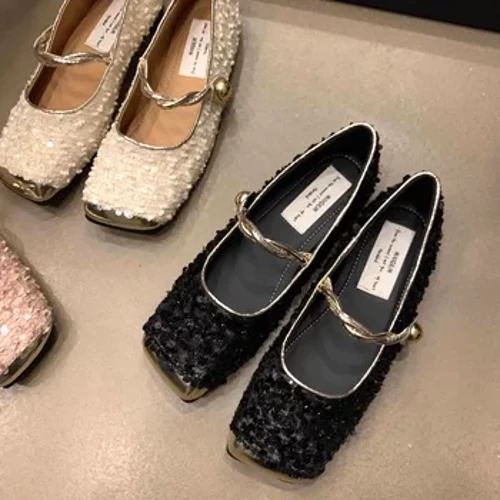 Bling Ballet Flats Dámské kostýmy Tweed Mary Janes Shoes Ballet Flats s flitry na horním