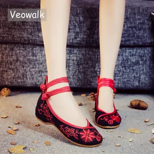 Veowalk Lus na Gréine Mná Bróidnithe Canbhás Árasáin Ballet Strap Rúitín mBan Cadás Corr Bróidnéireacht Síneach Bróga Ballerina