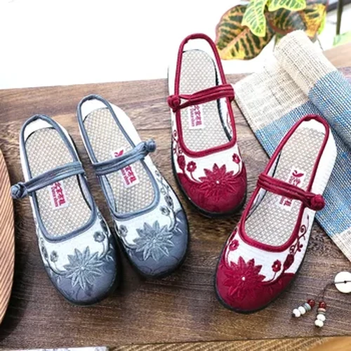 XIHAHA Bailarinas de lona bordadas vintage hechas a mano para mujer, bailarinas chinas cómodas para mujer, zapatos con bordado vegano