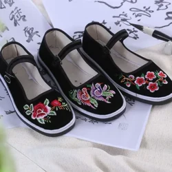 Chaussures en tissu de style chinois pour femmes, chaussures en toile avec fleurs brodées, chaussures plates hibiscus, chaussures de danse carrées ST350