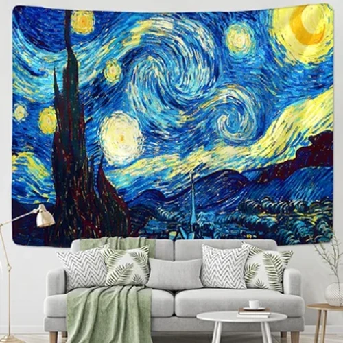Vægtæppe Berømt Van Gogh Print Tæppe Væghængende Stjerne Måne Nat Vægtæppe Dekorativt tæppe Stof Soveværelse 200x150cm Stort