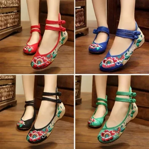 Mga Handmade na Babaeng Vintage na Burdadong Canvas Ballet Flats Mga Babaeng Kumportableng Chinese Ballerinas Vegan Embroidery Shoes