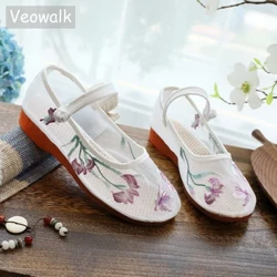 Veowalk suvised naiste marlikangast tikitud balletikorterid retro-hiina stiilis hingavad mugavad jalutusjalatsid must valge
