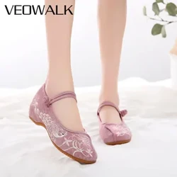 Fabraic Cotton Bog Veowalk Mná Bróidnithe Mary Jane Ballet Árasáin Stíl na Síne Bróga Siúlóide Ócáideacha Compordach Bándearg