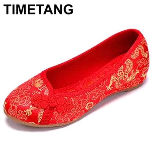 TIMETANG Kvinnor Röda Flats Skor Gamla Beijing National Single Skor Kinesisk Bröllop Brud Drake Phoenix Broderi Skor E204
